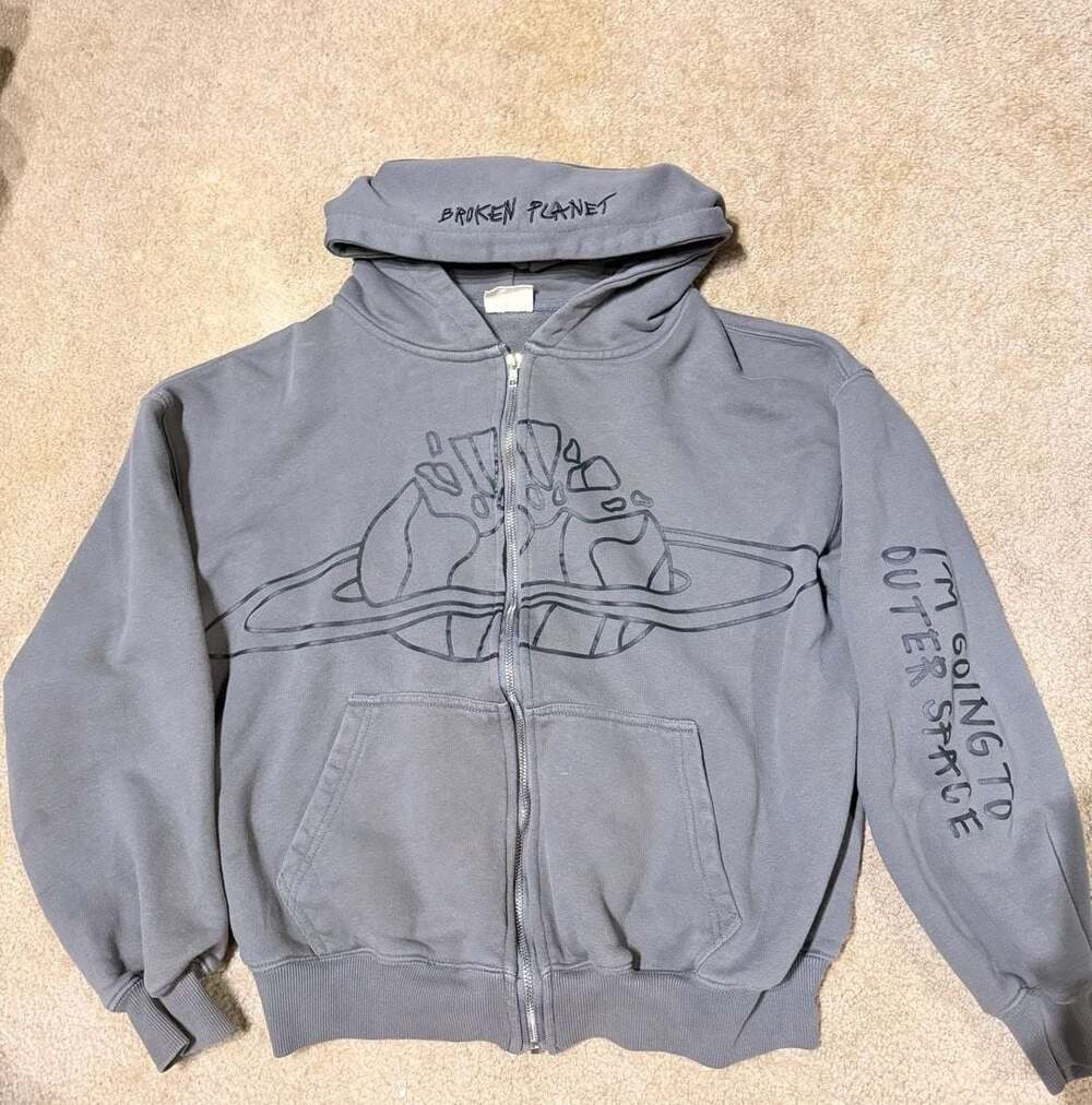 Broken Planet Market Outer Space Full Zip Up Hoodie Grey Medium
